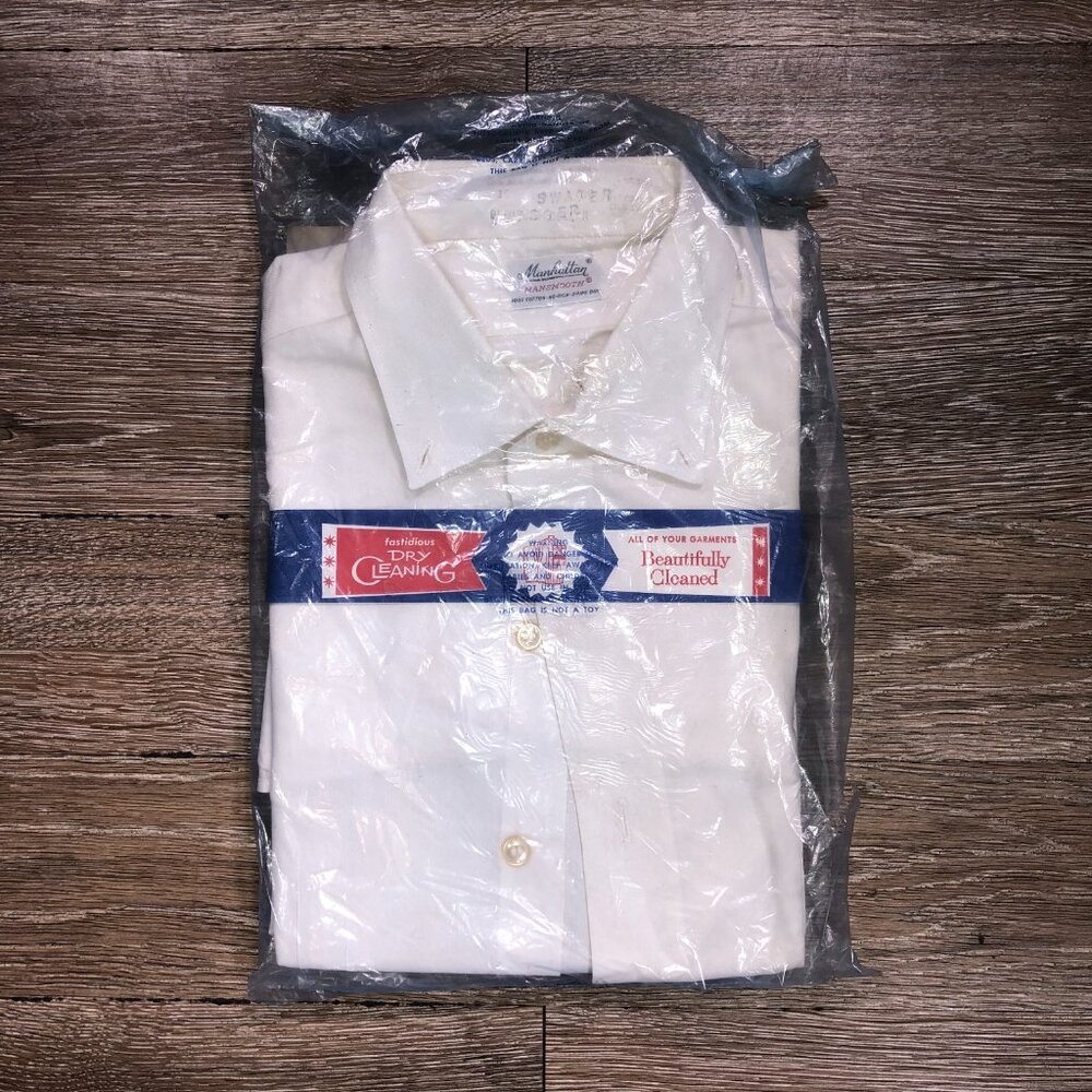 Manhattan Mansmooth White Dress Shirt Size 15 Dry Cleaning Bag Vintage 1950 1960